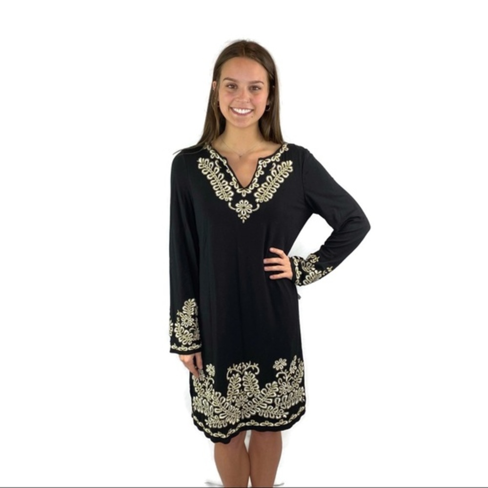 INC International Concepts Black Dress with White and Gold Embroidery Medium